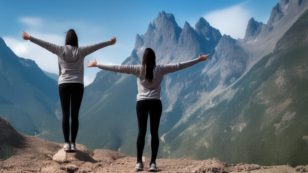 two women standing and having rise their hands